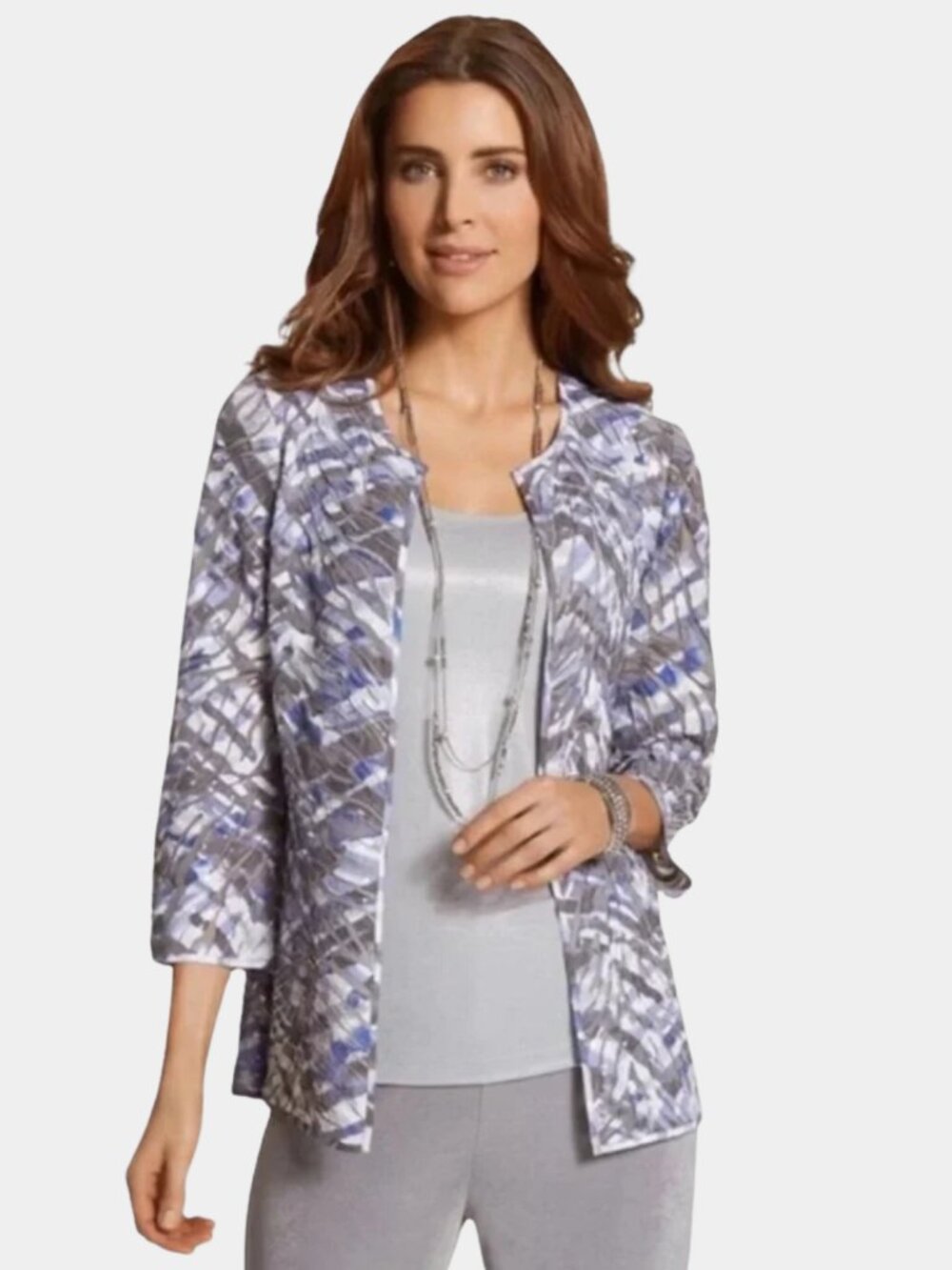 Chicos Travelers Sequin Mesh Jacket Size 1 / M Blue Gray Zebra 3/4 Sleeve Glam